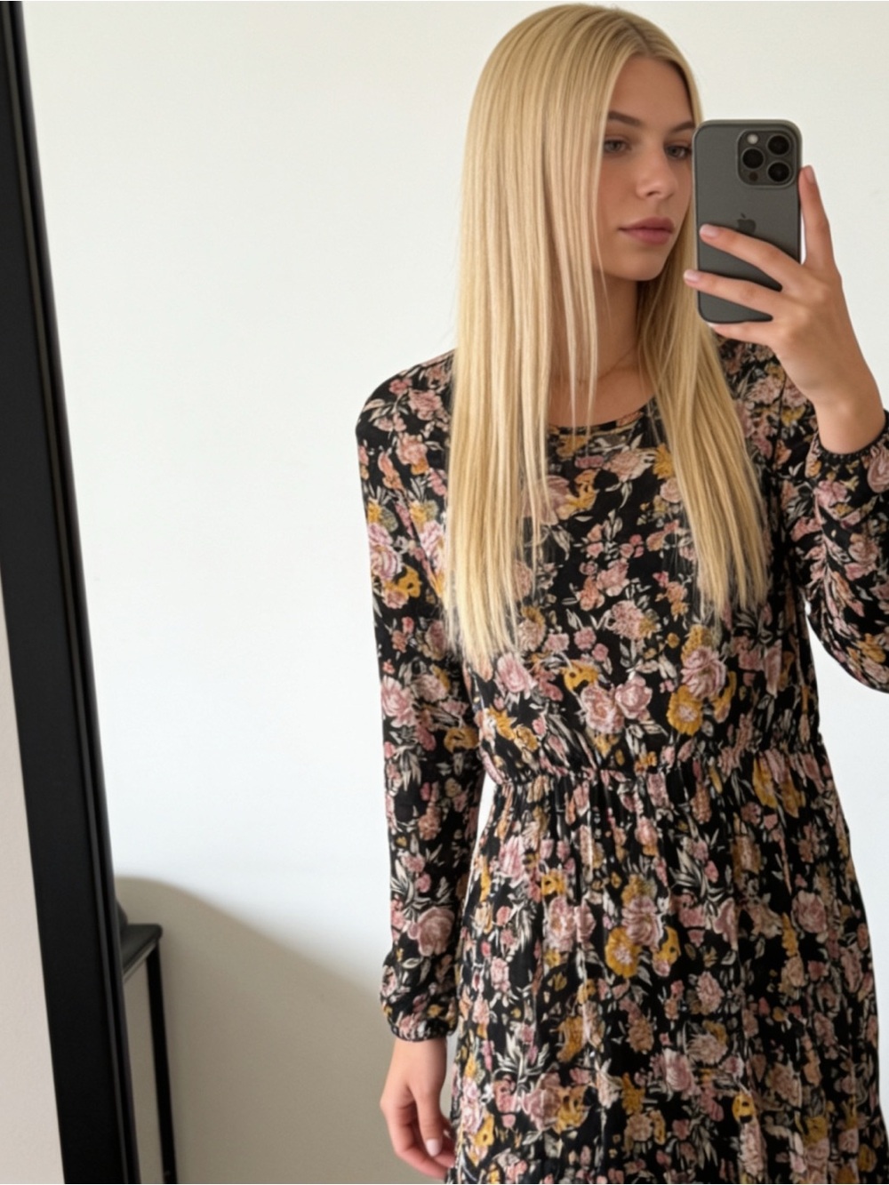 Wild Fable black sheer lined long sleeve midi dress, yellow + pink floral print